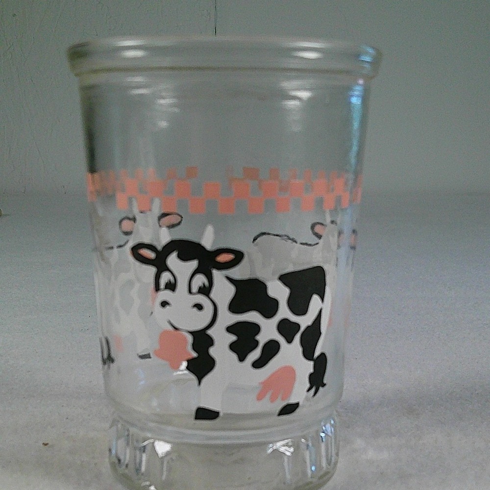 Vintage Holstein Cow Jelly Jar Juice Glass Pink Checkered Dairy Farm Tumbler 4"